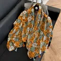 Vintage floral printed silk shawl with tassels in retro Maillard color palette for women - 180cm / Orange Flower Clusters