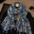 Elegant blue floral print silk shawl with tassels, perfect for classic autumn fashion styles - 180cm / Blue Flower Clusters