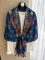 Vintage blue bohemian printed silk shawl with tassels for an elegant early autumn style - 180cm / Blue Paisley