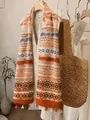 Bohemian style ethnic print cotton linen scarf shawl with elegant decorative tassels - 180cm / Silk Road
