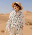 Elegant white floral lightweight scarf with tassel fringe for beach sun protection - 180cm / Fragrant Pavilion