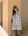 Elegant blue patterned cotton linen scarf with stylish tassels for beach sun protection - 180cm / Cloud Pattern Totem