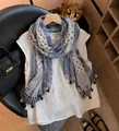 Elegant blue and grey bohemian print cotton linen scarf shawl with decorative tassels for women - 180cm / Retro Blue and White Porcelain