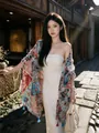 Lightweight vintage printed silk shawl with colorful floral patterns and tassels - 180cm / Galsang Garden
