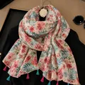 Lightweight floral print scarf with vibrant colorful tassels for women's autumn fashion - 180cm / Pink Tone Flowers