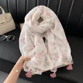 Elegant floral printed lightweight scarf with pink tassels and vintage pattern design - 180cm / Elegant White