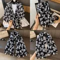 Elegant black lightweight scarf with white butterfly prints and decorative tassels - 180cm / Black Butterfly