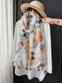 Cotton linen scarf with abstract watercolor print and colorful tassels for summer - 180cm / Rendered Ink Painting