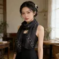 Elegant black thin silk scarf for women featuring gold embroidery and red blue trim - Elegant Gray Bee