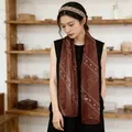 Elegant dark red patterned thin silk scarf with star prints for women's neck wear - Elegant Brown Bee