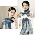 Elegant navy blue floral chiffon scarf for women, lightweight and stylish neck accessory - Flowers in Foggy Sea