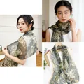 Elegant long scarf for women featuring vintage rose and lace pattern in muted grey tones - Wind Begonia