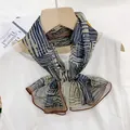Elegant navy geometric print skinny scarf in thin breathable chiffon fabric for women - Blue Coffee Stripe