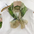 Elegant thin silk-like gauze scarf with green artistic oil painting pattern for women - Spring Green
