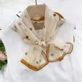 Elegant cream thin polka dot sheer silk scarf with a brown border for women neck. - French Beige Polka Dot