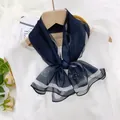 Elegant black chiffon neck scarf with white stripes and floral pattern for women 2026 fashion - Navy Camellia