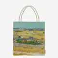 Detailed view of canvas tote bag featuring Van Gogh's The Harvest painting print - Harvest