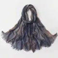Ethnic style rayon long scarf with blue and brown gradient stripes and pleated texture - Blue Gray Gradient Style (#4) / 190*75cm