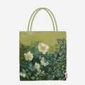 Detailed view of the artistic Van Gogh Wild Roses oil painting print on this canvas tote bag. - Wild Rose