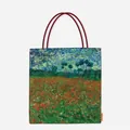 Detail of a large canvas tote bag featuring Van Gogh's Poppy Field oil painting print. - Poppy Field
