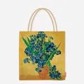 Detailed view of the vibrant Van Gogh Irises painting printed on a canvas tote bag - Yellow Irises