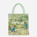Detailed view of Van Gogh First Steps painting on canvas tote bag with green handles - First Steps