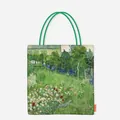 Eco-friendly canvas tote bag featuring Vincent van Gogh oil painting Daubigny Garden print - Green Flower Field