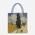 Art reproduction canvas tote bag featuring Van Gogh's Cypress painting, detail view. - Night Cypress