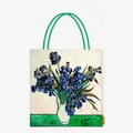 Artistic canvas tote bag featuring Van Gogh's Irises oil painting with green handles - Iris Bouquet