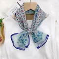 Elegant floral print silk scarf ribbon in light blue and pink - Blue Floral