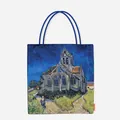 Detail view of canvas tote bag featuring Van Gogh's The Church at Auvers painting - Castle