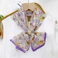 Elegant indigo floral silk scarf 35x140cm with cashew pattern and purple border design - Violet