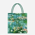 Detailed view of Claude Monet Water Lilies oil painting print on a canvas tote bag - Water Lilies