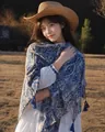 Vintage blue paisley printed silk shawl for women, perfect for early autumn styling. - 180cm / Phoenix Tail Totem