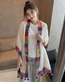 Elegant vintage cream shawl with colorful printed borders and delicate tassel details - 180cm / Sunlight Rainbow