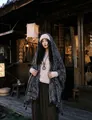 Vintage Maillard style printed shawl scarf with intricate white ethnic patterns on dark fabric - 180cm / Bohemian Black