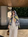 Vintage style printed lightweight shawl scarf with yellow and navy geometric pattern design - 180cm / Color-blocked Rhombus