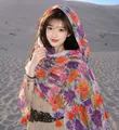 Maillard style floral printed silk shawl with tassels for early autumn aesthetic fashion - 180cm / Sand Dune Sun Flower