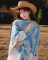 Elegant vintage light blue printed shawl scarf with delicate tassels for autumn fashion - 180cm / Blue Leaf