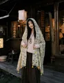 Elegant vintage floral printed shawl with delicate tassel trim in a cozy Maillard color palette - 180cm / Light Green Small Yellow Flower
