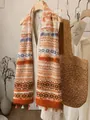Elegant Maillard style printed scarf shawl with tassels for early autumn outfits - 180cm / Silk Road