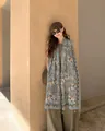 Elegant vintage floral print lightweight blue scarf with delicate tassel fringe detailing - 180cm / Green Shadow Floral
