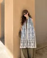 Vintage Maillard style printed soft lightweight shawl with blue intricate patterns - 180cm / Cloud Pattern Totem