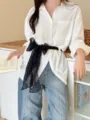 Detail of black polka dot linen scarf tied as a waist belt on a white shirt - Long Style / 185cm / Navy Blue Polka Dots