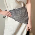 Blue and white checkered linen scarf accessory worn as a stylish waist layering piece - Linen Triangle Scarf / Navy Plaid