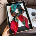 Artistic French style silk scarf featuring red and teal floral patterns in elegant presentation - LQ-5