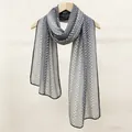 Elegant long silk scarf featuring a black and white chevron pattern in 35x140cm size - Water Wave