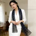 Long indigo silk scarf with classic white polka dot pattern for women's business wear - Black Polka Dots