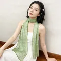 Elegant green patterned skinny silk scarf with geometric design 35x140cm - Qingye Green
