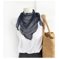 Elegant navy blue linen triangular scarf with white print for women's Mori style look - Navy Parallel Lines Print